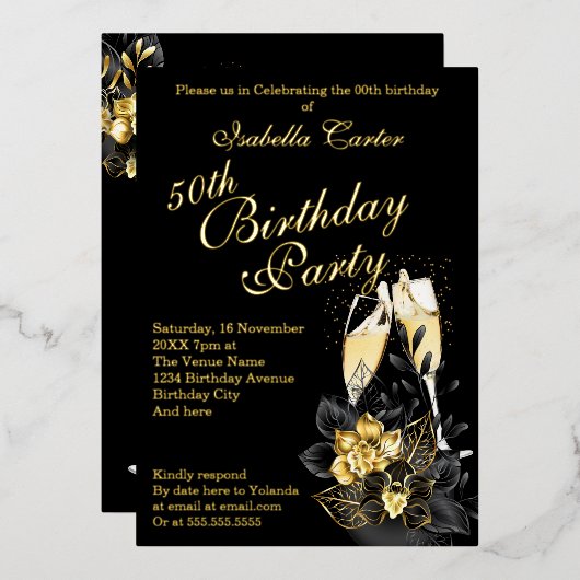 Exotic Black Gold Floral Elegant Birthday Party Folie Uitnodiging (Voorkant / Achterkant)