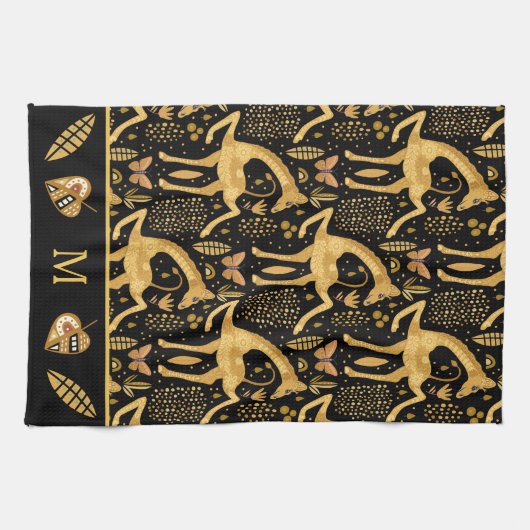 Exotic Black Gold Giraffe Boho Monogram Theedoek (Horizontaal)