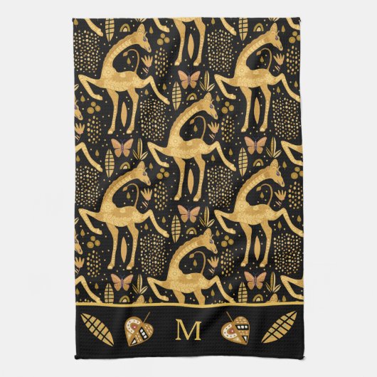 Exotic Black Gold Giraffe Boho Monogram Theedoek (Verticaal)