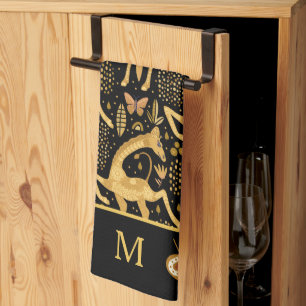 Exotic Black Gold Giraffe Boho Monogram Theedoek