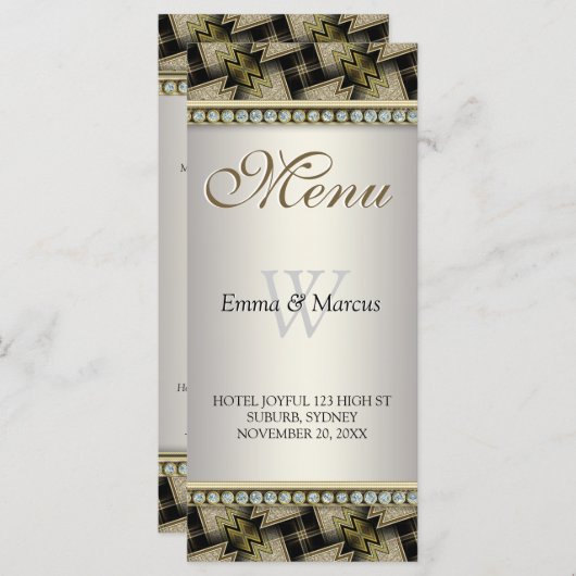 Exotic Black Gold Pattern Diamond Weduwmenu Menu (Voorkant / Achterkant)