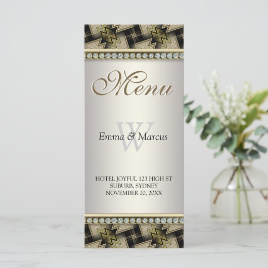Exotic Black Gold Pattern Diamond Weduwmenu Menu (Staand voorkant)
