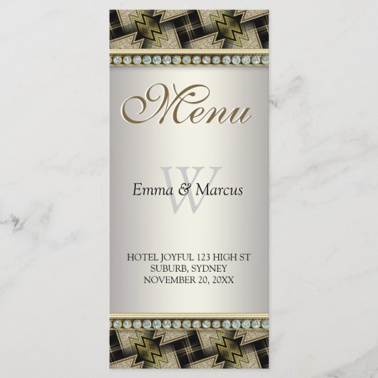Exotic Black Gold Pattern Diamond Weduwmenu Menu (Voorkant)