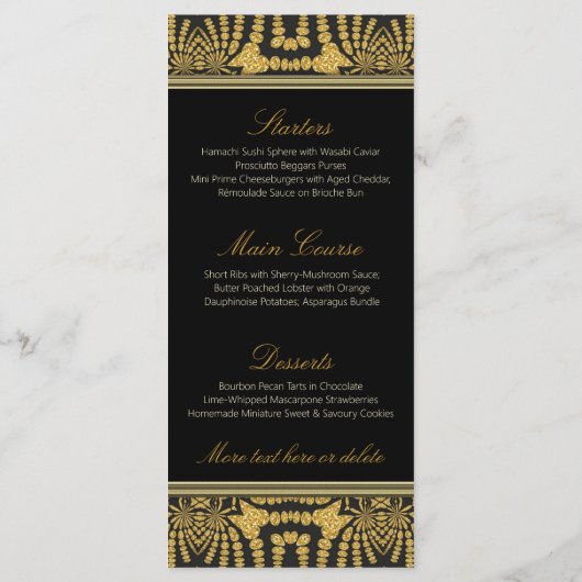 Exotic Black & Gold Tribal Batik Wedding Menu Kaar (Achterkant)