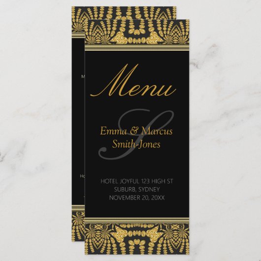 Exotic Black & Gold Tribal Batik Wedding Menu Kaar (Voorkant / Achterkant)