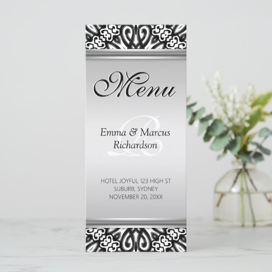Exotic Black & White Decor Wedding Menu Kaart (Staand voorkant)