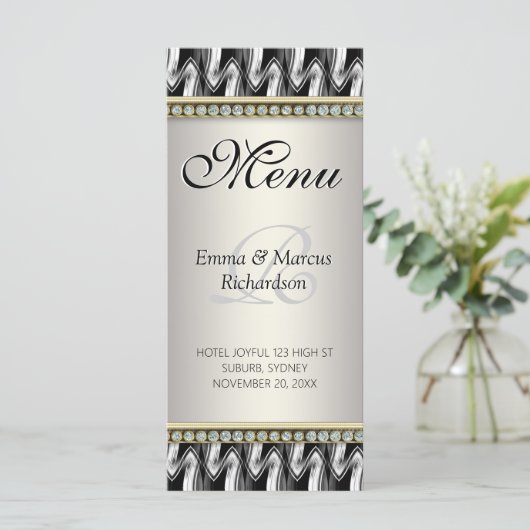 Exotic Black White Pattern Decor Wedding Menu (Staand voorkant)