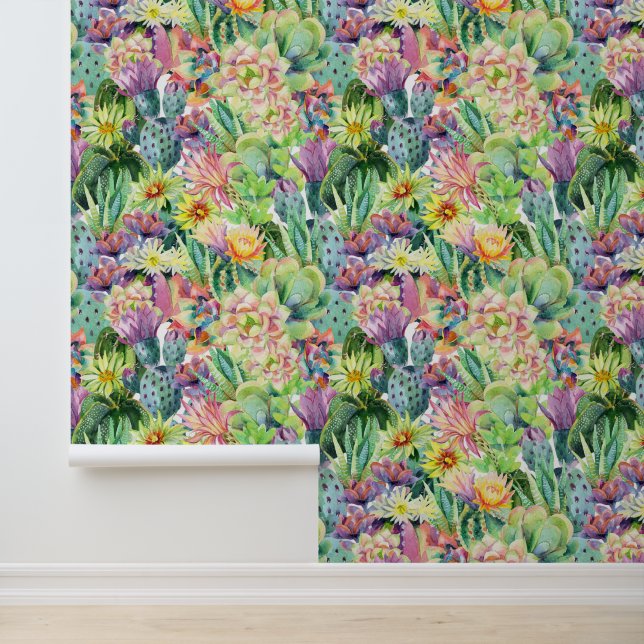 Exotic Blooming Waterverf Cacti Pattern Behang (Applicatie)