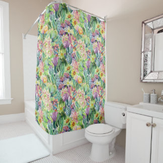Exotic Blooming Waterverf Cacti Pattern Douchegordijn