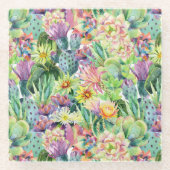 Exotic Blooming Waterverf Cacti Pattern Glazen Onderzetter (Voorkant)