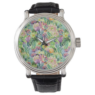 Exotic Blooming Waterverf Cacti Pattern Horloge