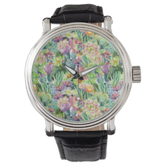 Exotic Blooming Waterverf Cacti Pattern Horloge