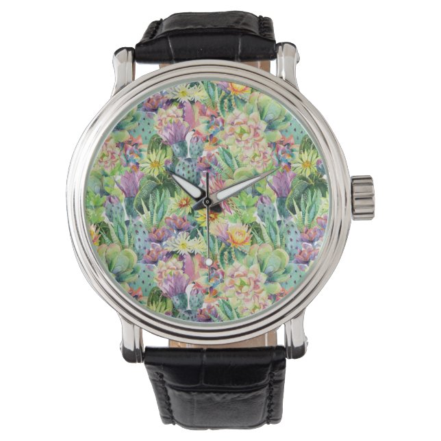 Exotic Blooming Waterverf Cacti Pattern Horloge (Voorkant)