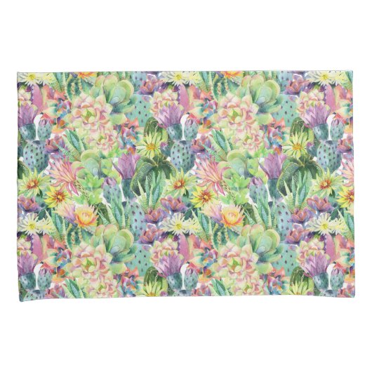 Exotic Blooming Waterverf Cacti Pattern Kussensloop (Voorkant-Rechts)