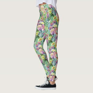 Exotic Blooming Waterverf Cacti Pattern Leggings
