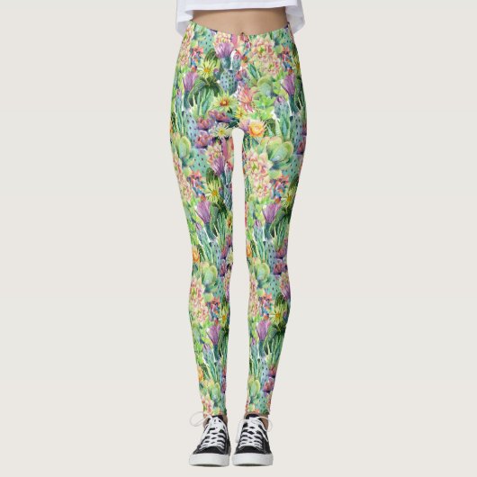 Exotic Blooming Waterverf Cacti Pattern Leggings (Voorkant)