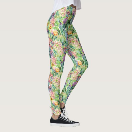 Exotic Blooming Waterverf Cacti Pattern Leggings (Rechts)