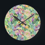 Exotic Blooming Waterverf Cacti Pattern Ronde Klok<br><div class="desc">Exotische waterverf-bloeiende cacti met bloemen patroon. | © en ® Bigstock® - Alle rechten voorbehouden.</div>