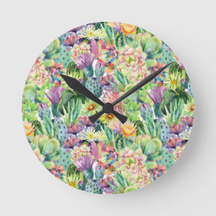 Exotic Blooming Waterverf Cacti Pattern Ronde Klok