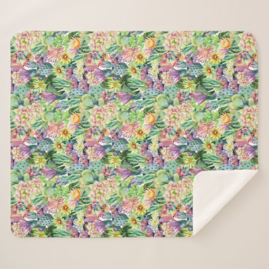Exotic Blooming Waterverf Cacti Pattern Sherpa Deken (Voorkant (horizontaal))