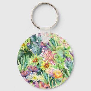 Exotic Blooming Waterverf Cacti Pattern Sleutelhanger