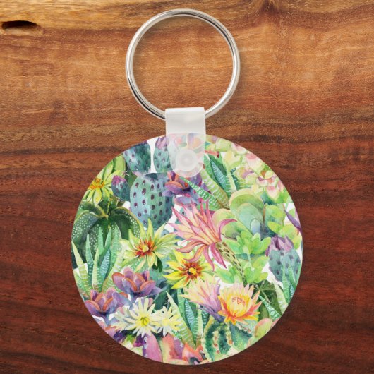Exotic Blooming Waterverf Cacti Pattern Sleutelhanger (Voorkant)
