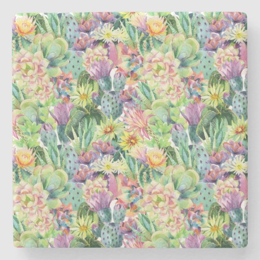 Exotic Blooming Waterverf Cacti Pattern Stenen Onderzetter (Voorkant)