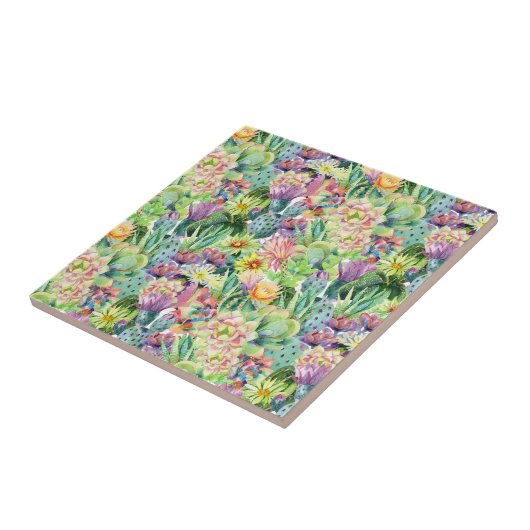 Exotic Blooming Waterverf Cacti Pattern Tegeltje (Zijkant)