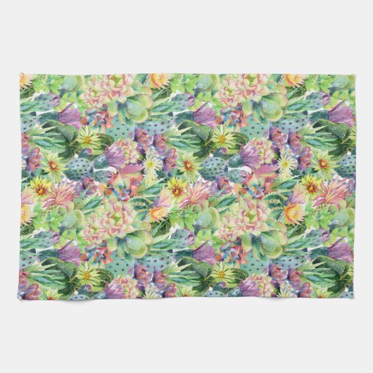 Exotic Blooming Waterverf Cacti Pattern Theedoek (Horizontaal)