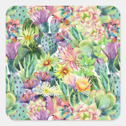Exotic Blooming Waterverf Cacti Pattern Vierkante Sticker (Voorkant)