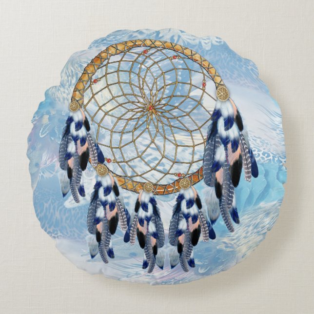 Exotic Blue Dream Catcher Home Decor Rond Kussen (Voorkant)