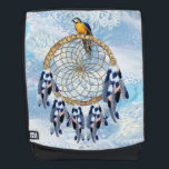 Exotic Blue Dream Catcher Honeymoon gift Rugtassen<br><div class="desc">Een droomvanger die de ronde cirkel van bamboe en rode kralen op het web bevat met blauwe exotische papegaaienveren op een zacht bladerveer met een vederachtergrond .background trouwthema</div>