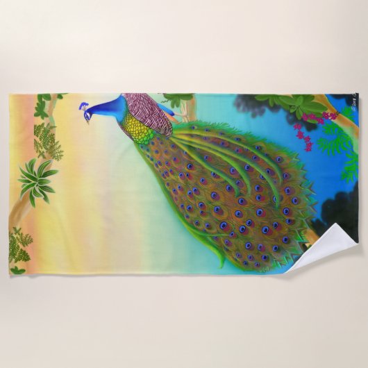 Exotic Blue Peacock Beach Towel Strandlaken (Voorkant)