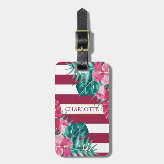 Exotic burgundy Flowers Monogram gestript Bagagelabel (Voorkant verticaal)
