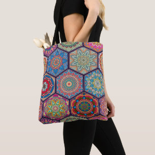 Exotic Colorful Floral Hexagonal Quilt Hexie Boho Tote Bag