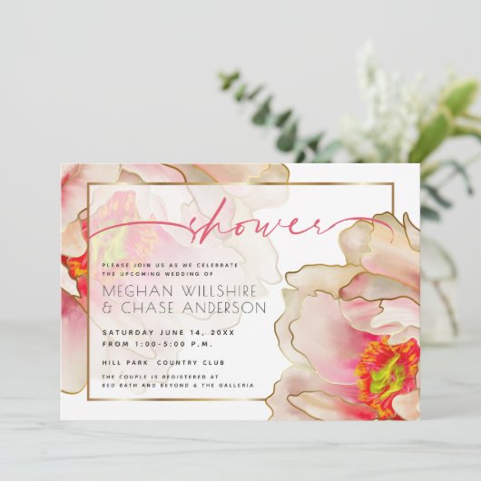 Exotic Coral Roos Peony Couple's Shower Kaart (Staand voorkant)