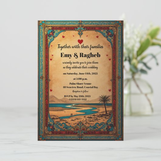Exotic Desert Oasis Wedding Invitation Kaart (Staand voorkant)