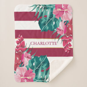 Exotic Flowers Monogram gestript Burgundy Sherpa Deken