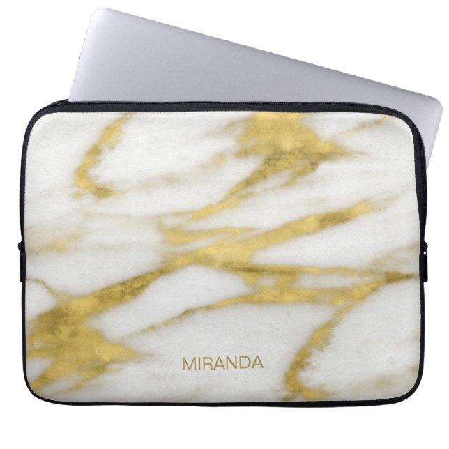 Exotic Gold en White Marble Abstract Pattern Laptop Sleeve (Voorkant)