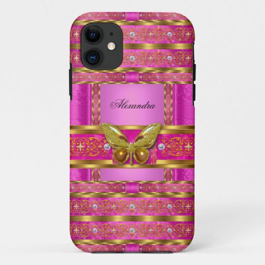 Exotic Gold Hot Pink Butterfly Diamond Case-Mate iPhone Case (Achterkant)
