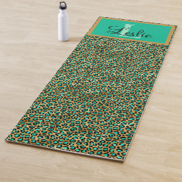 Exotic Green Gold Black Leopard Print Monogramed Yogamat