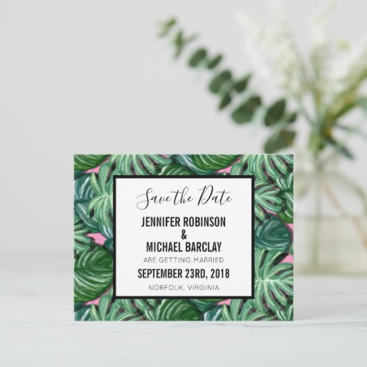 Exotic Green Tropical Leaders Pattern Save the Dat Aankondigingskaart (Staand voorkant)
