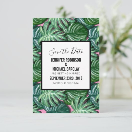 Exotic Green Tropical Leaders Pattern Save the Dat Date (Staand voorkant)