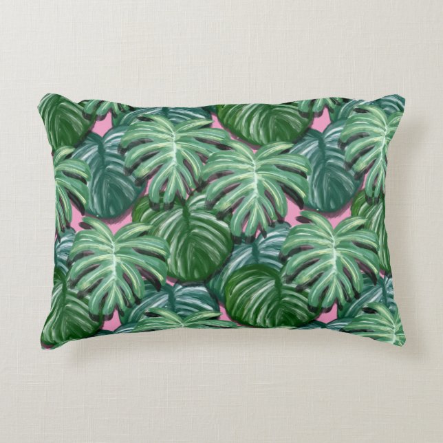Exotic Green Tropical Leaves Pattern Accent Kussen (Voorkant)