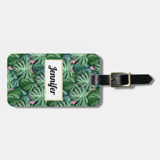 Exotic Green Tropical Leaves Pattern Bagagelabel (Voorkant horizontaal)