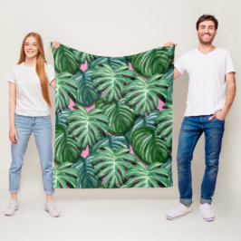Exotic Green Tropical Leaves Pattern Fleece Deken