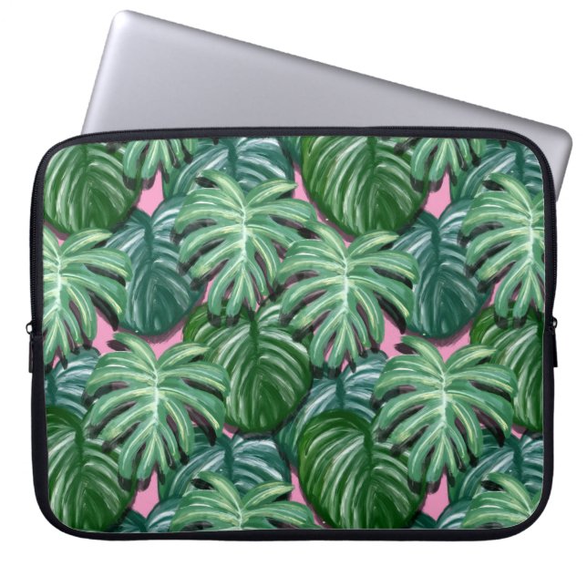 Exotic Green Tropical Leaves Pattern Laptop Sleeve (Voorkant)