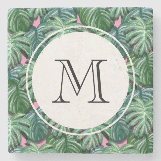 Exotic Green Tropical Leaves Pattern Monogram Stenen Onderzetter (Voorkant)