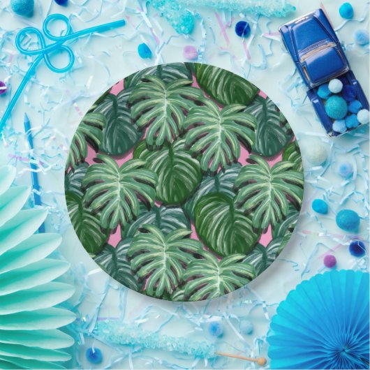 Exotic Green Tropical Leaves Pattern Papieren Bordje (Feest)