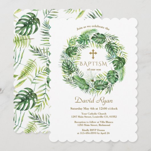 Exotic Hawaiian Tropical Leaves Wreate Christening Kaart (Voorkant / Achterkant)